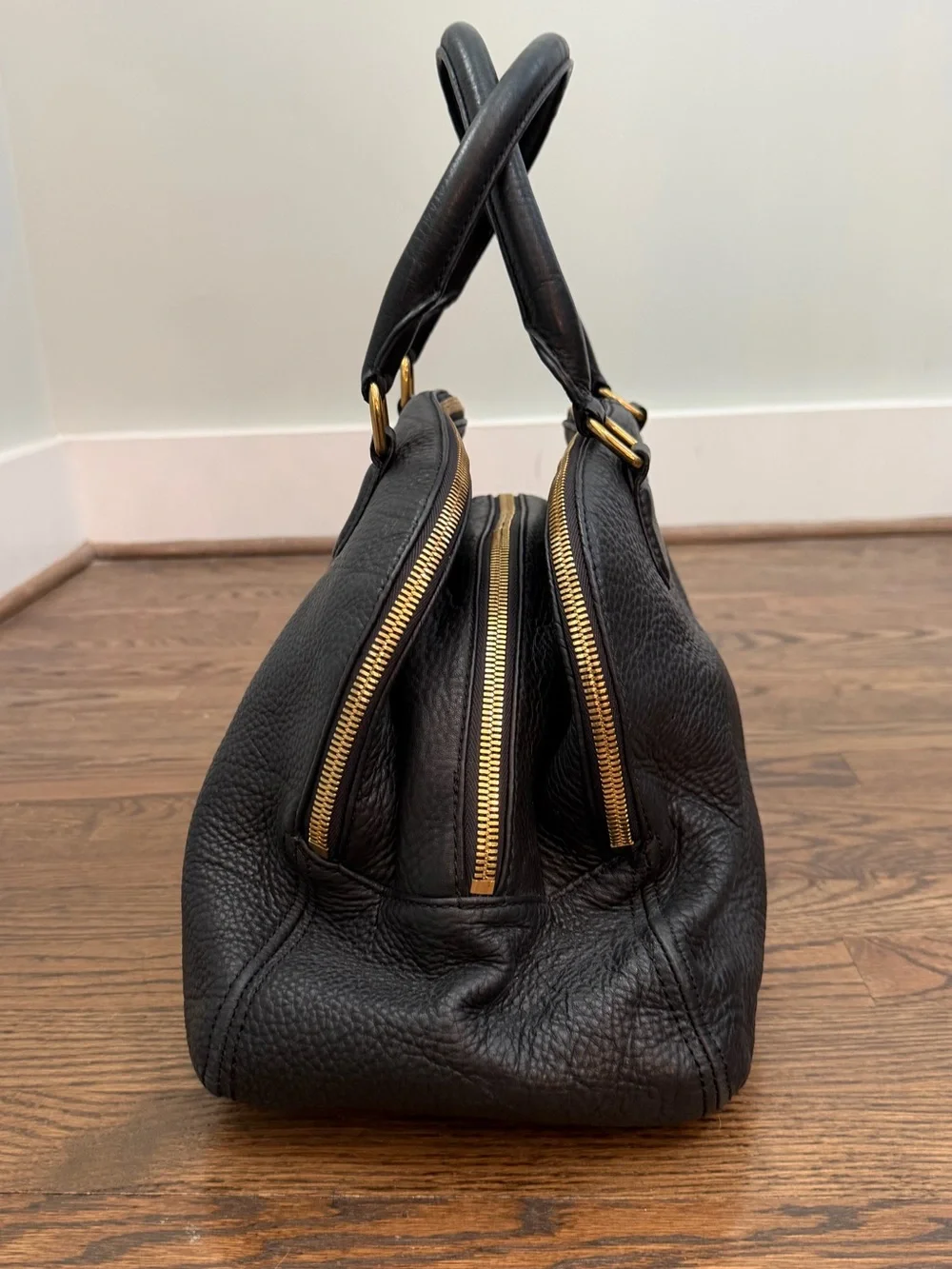 J.Crew Newbury Black Pebbled Leather Triple Zip Satchel Handbag Gold Hardware